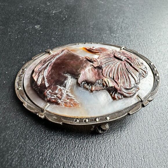 VTG Carved Abalone Shell Marcasite Woman Cameo Sterling Silver Pendant Brooch - Picture 3 of 7